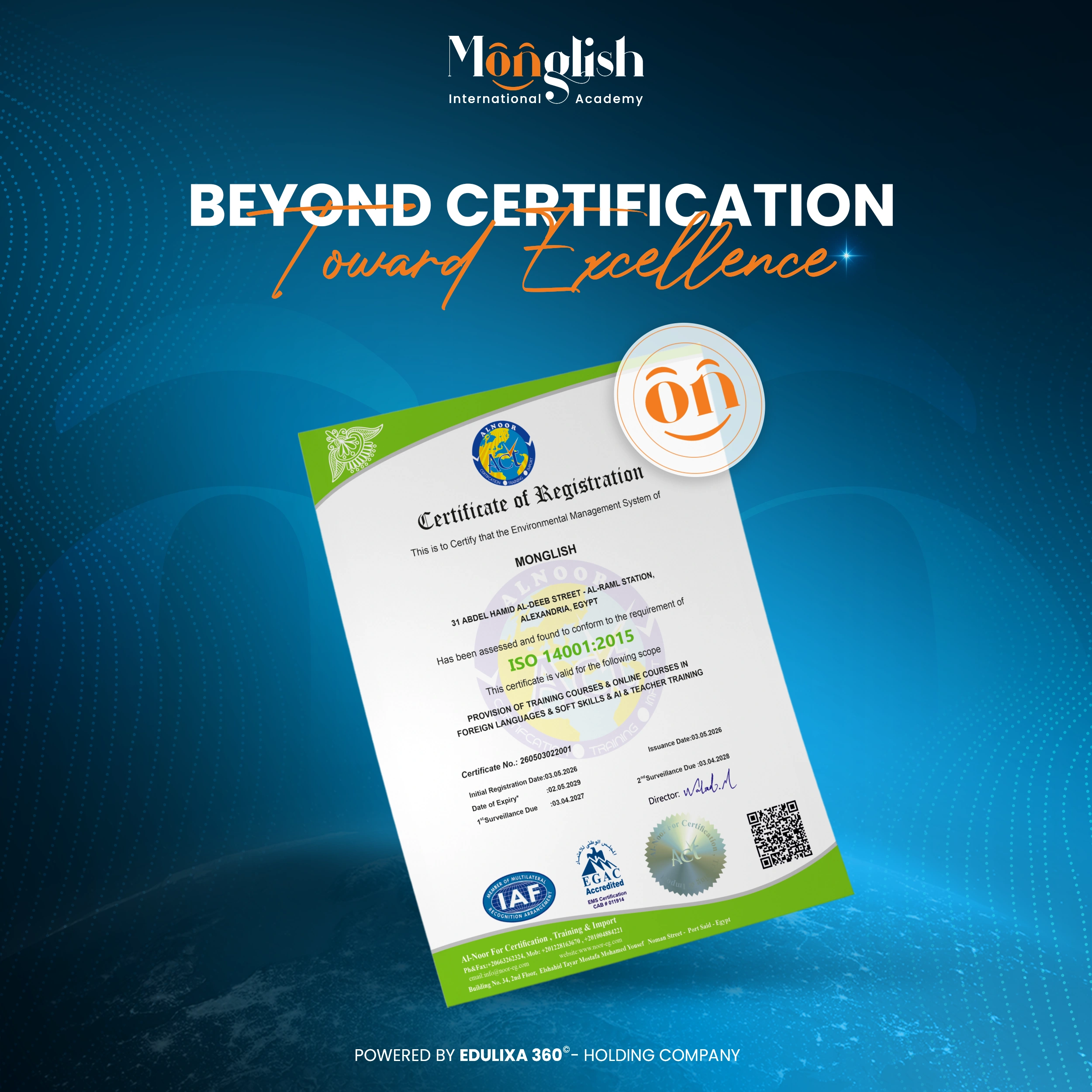 Monglish International Academy ISO certificate
