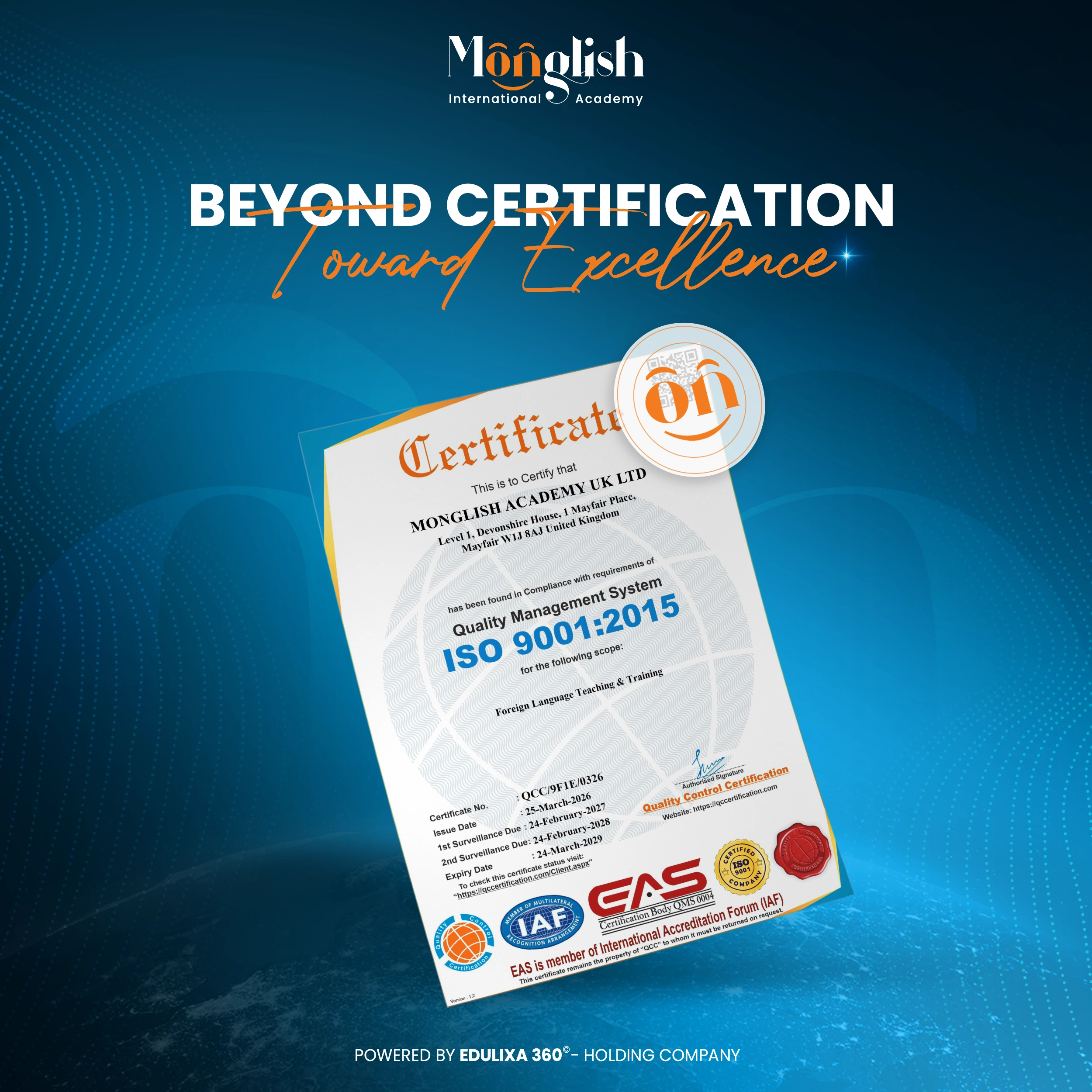 Monglish International Academy ISO certificate